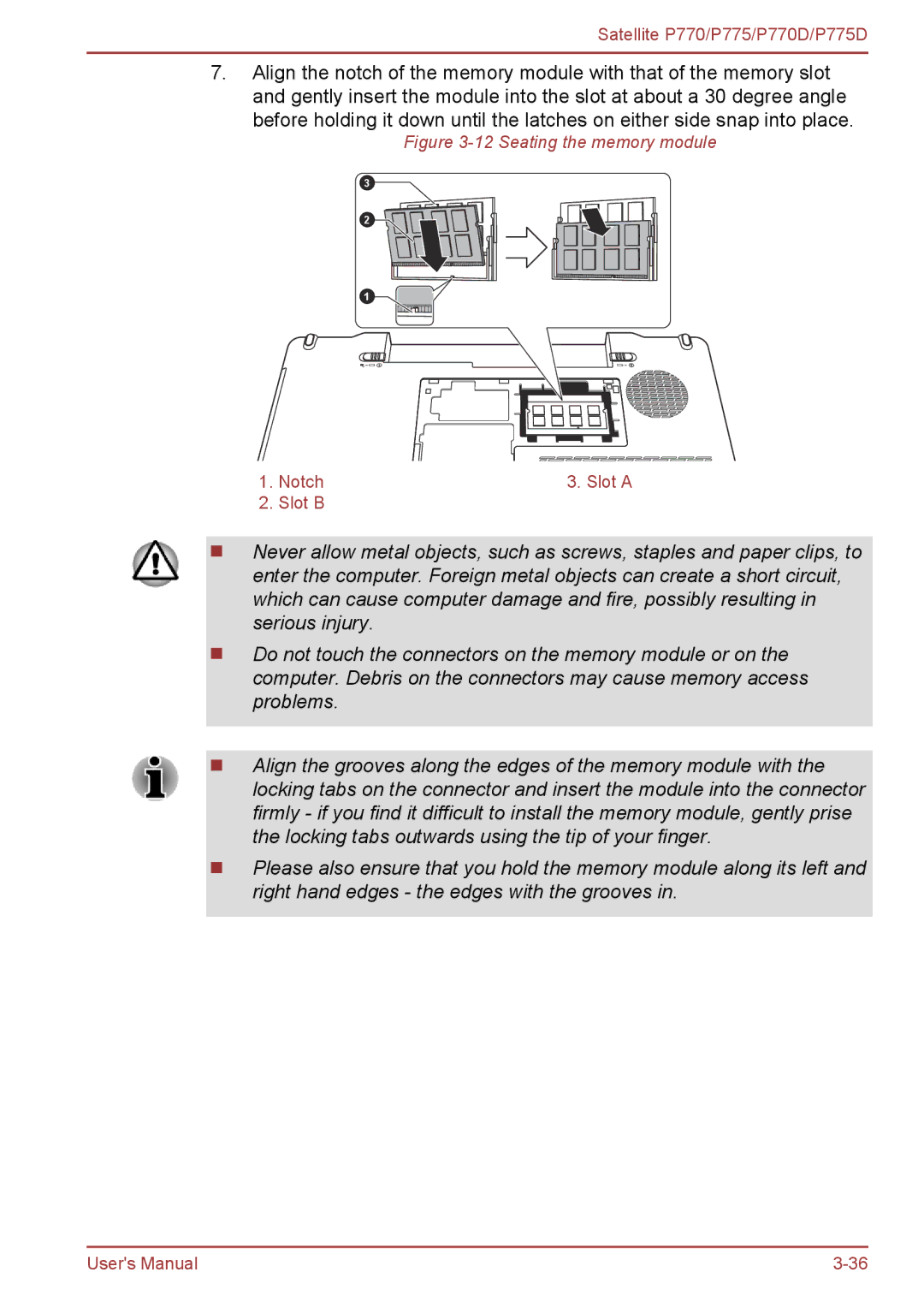 Toshiba P770 user manual Seating the memory module 