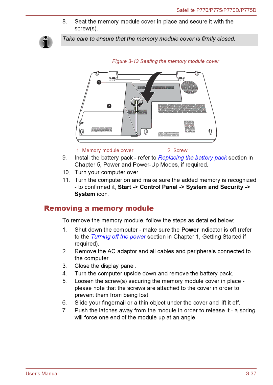 Toshiba P770 user manual Removing a memory module, Seating the memory module cover 