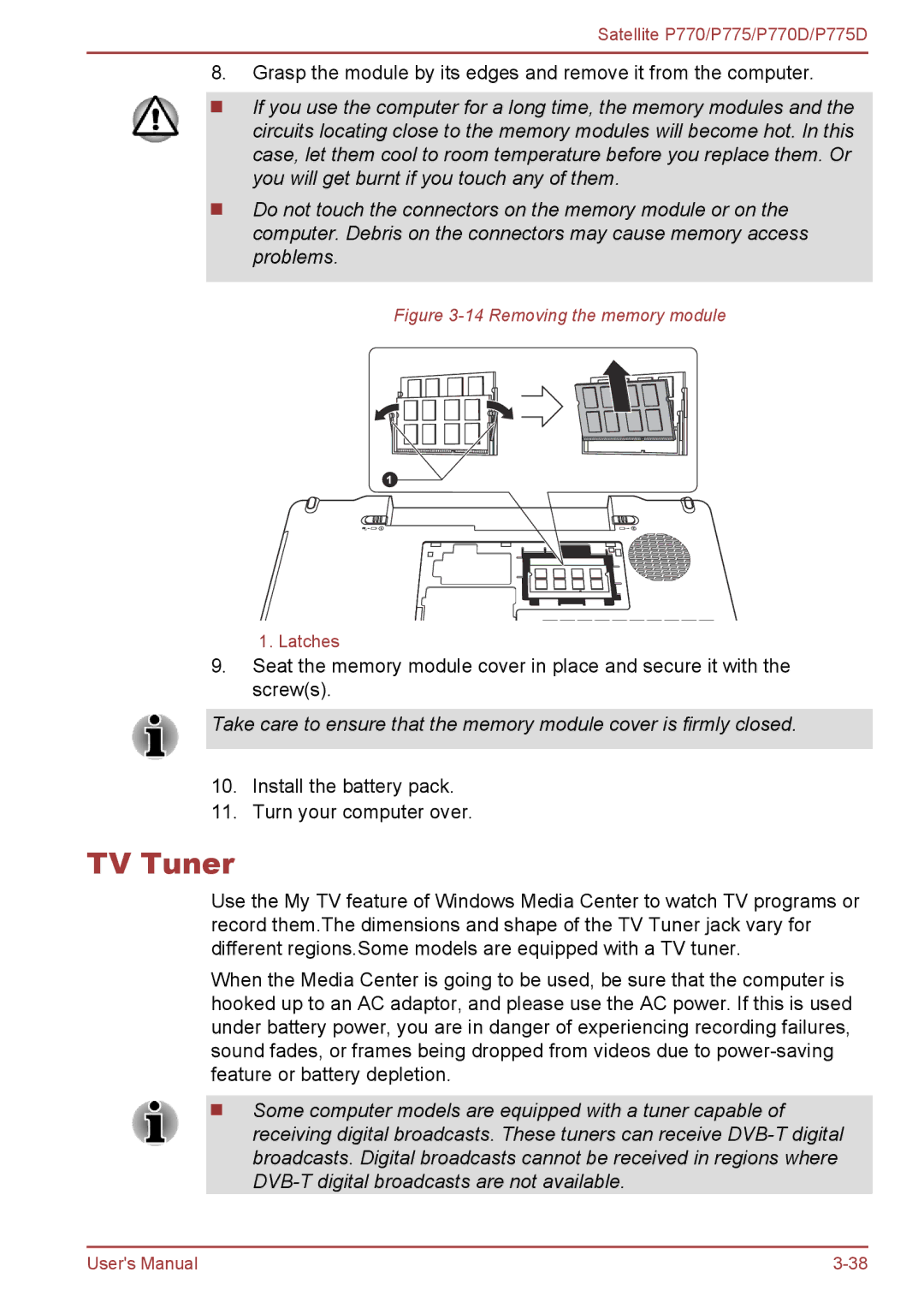 Toshiba P770 user manual TV Tuner, Removing the memory module 