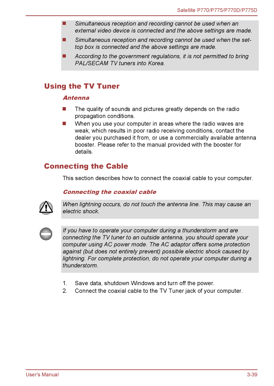 Toshiba P770 user manual Using the TV Tuner, Connecting the Cable, Antenna, Connecting the coaxial cable 