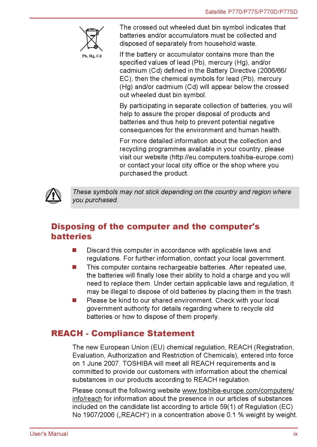 Toshiba P770 user manual Disposing of the computer and the computers batteries, Reach Compliance Statement 