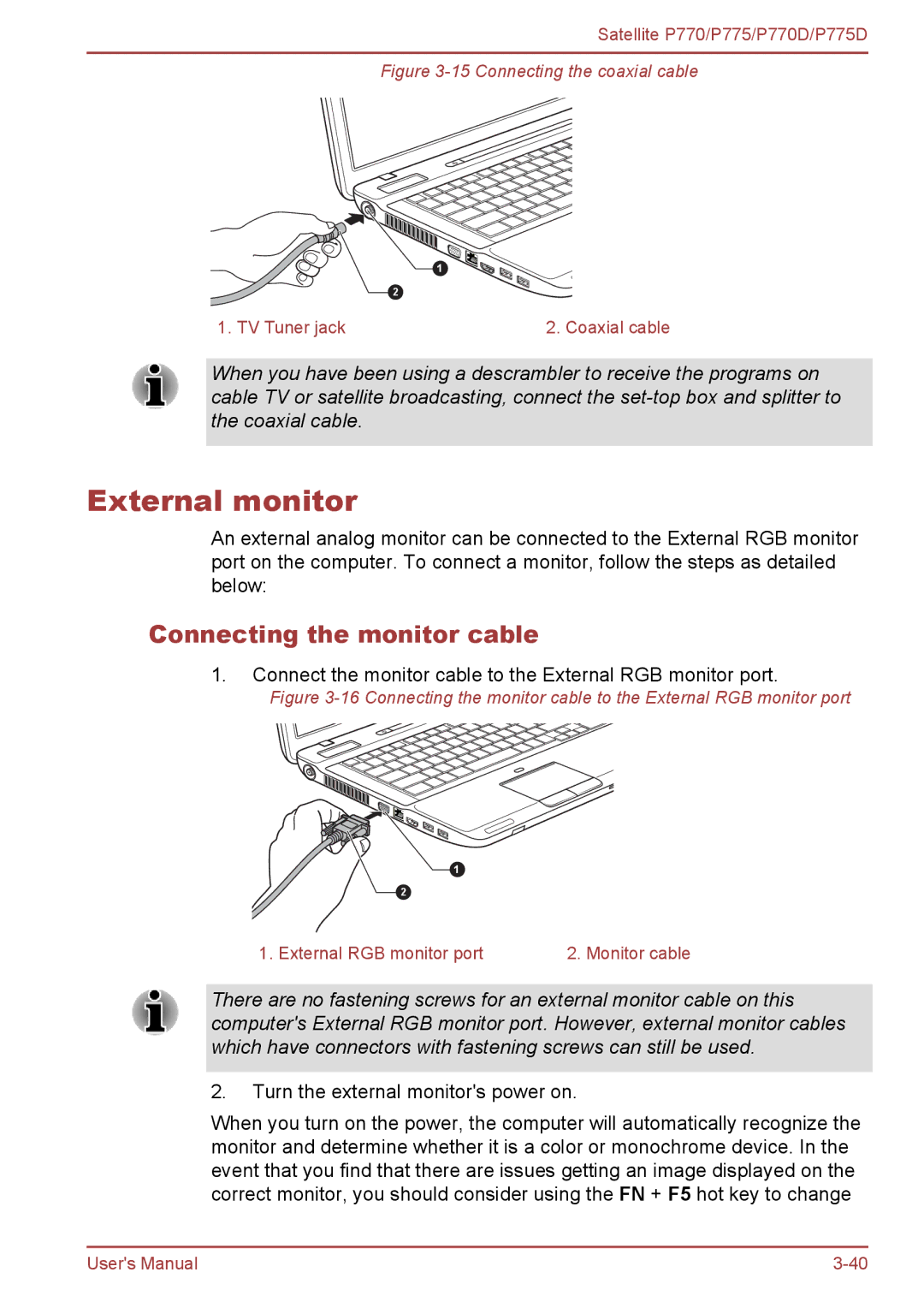 Toshiba P770 user manual External monitor, Connecting the monitor cable 