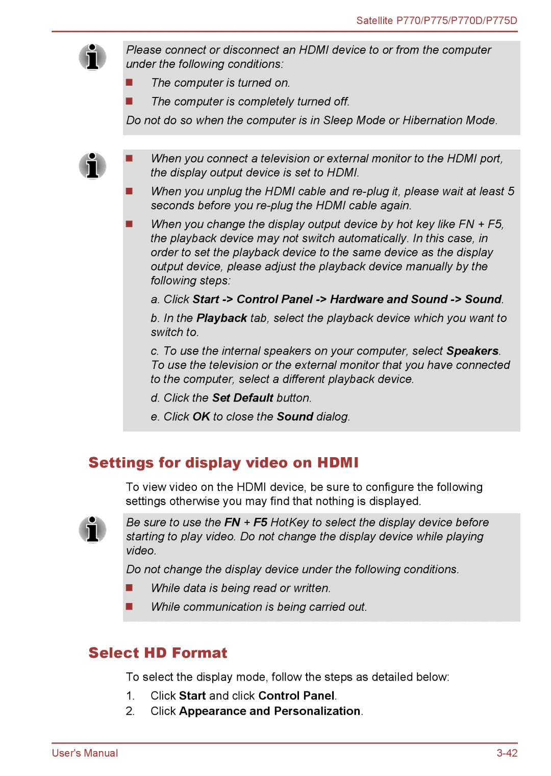 Toshiba P770 user manual Settings for display video on Hdmi, Select HD Format 