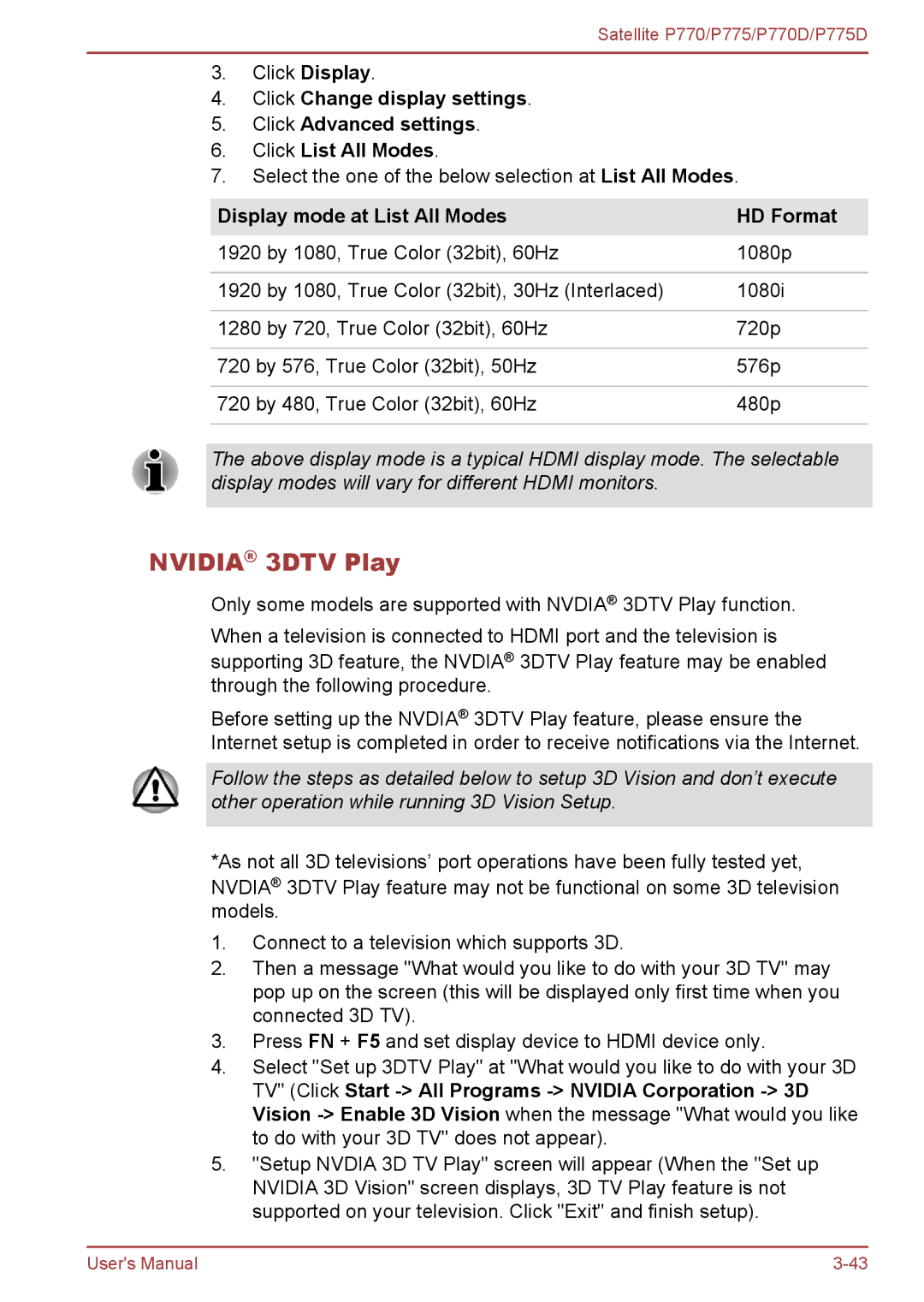 Toshiba P770 user manual Nvidia 3DTV Play, Display mode at List All Modes HD Format 