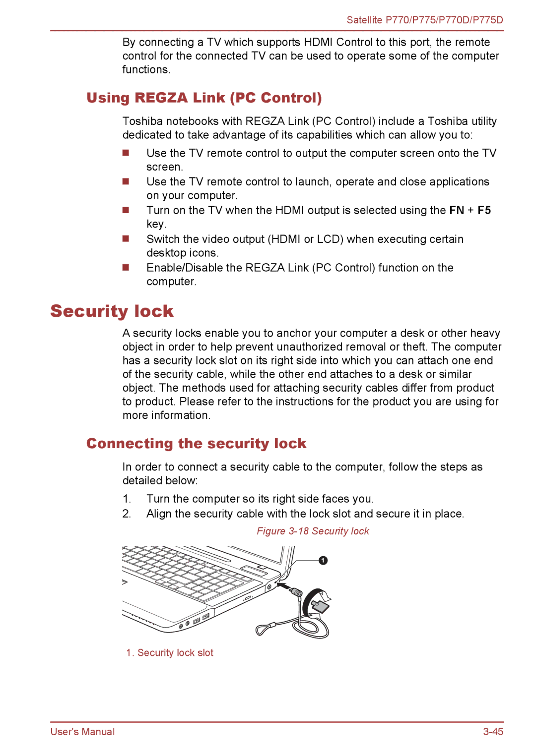 Toshiba P770 user manual Security lock, Using Regza Link PC Control, Connecting the security lock 