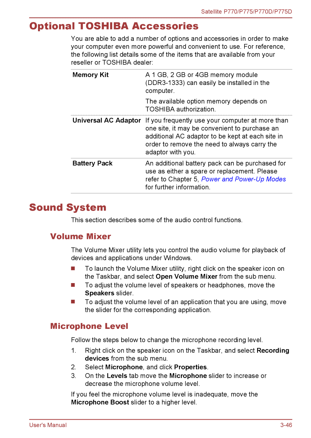 Toshiba P770 user manual Optional Toshiba Accessories, Sound System, Volume Mixer, Microphone Level, Memory Kit 