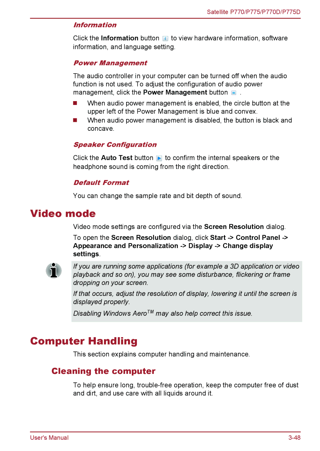 Toshiba P770 user manual Video mode, Computer Handling, Cleaning the computer 