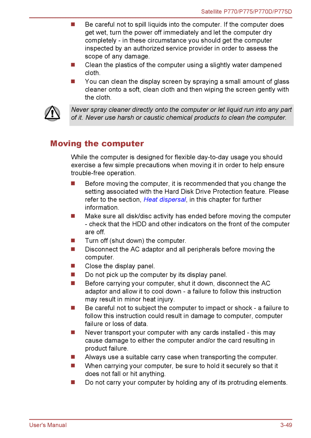 Toshiba P770 user manual Moving the computer 