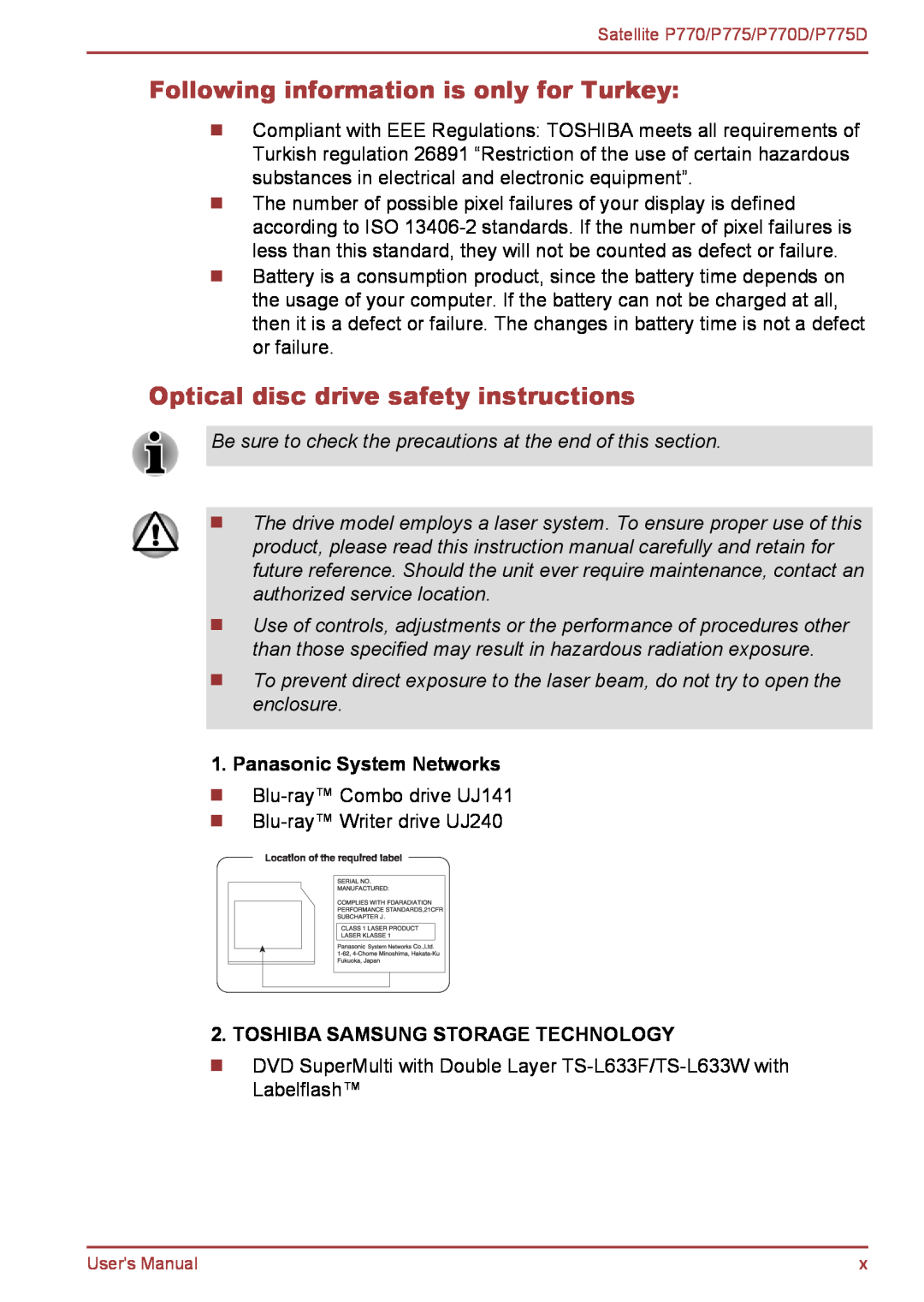 Toshiba P770 Following information is only for Turkey, Optical disc drive safety instructions, Panasonic System Networks 