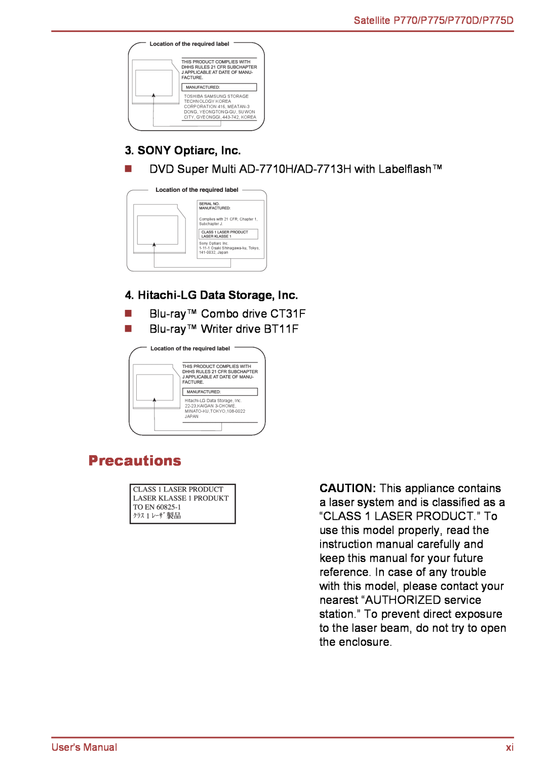 Toshiba P770 user manual Precautions, SONY Optiarc, Inc, Hitachi-LG Data Storage, Inc 