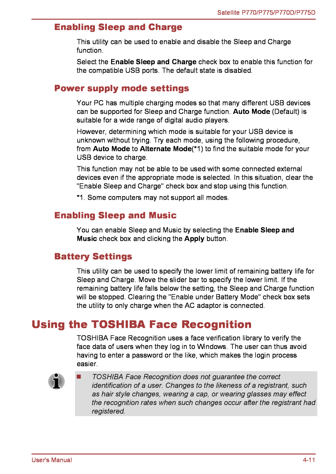 Toshiba P770 Using the TOSHIBA Face Recognition, Enabling Sleep and Charge, Power supply mode settings, Battery Settings 