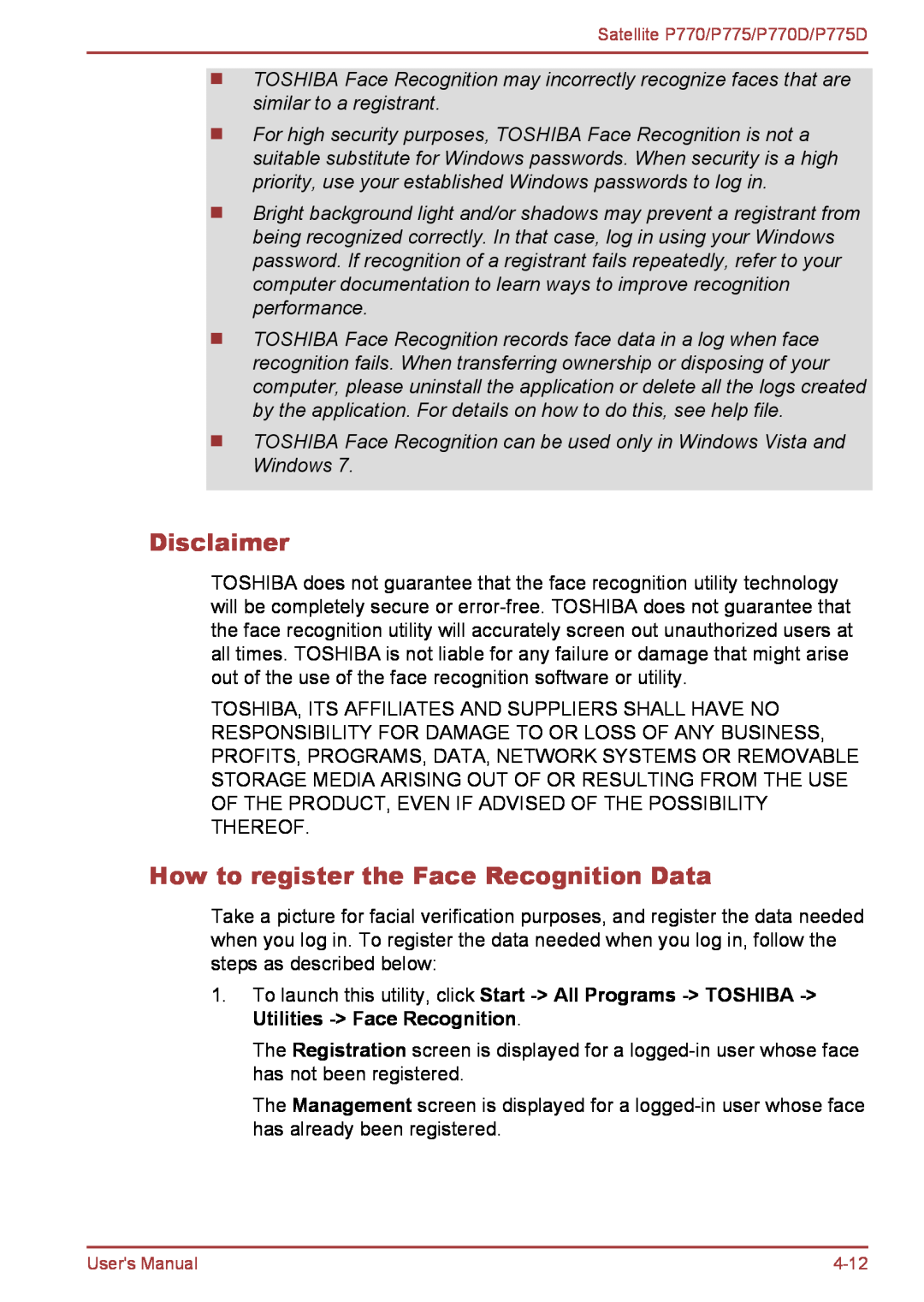 Toshiba P770 user manual How to register the Face Recognition Data, Disclaimer 
