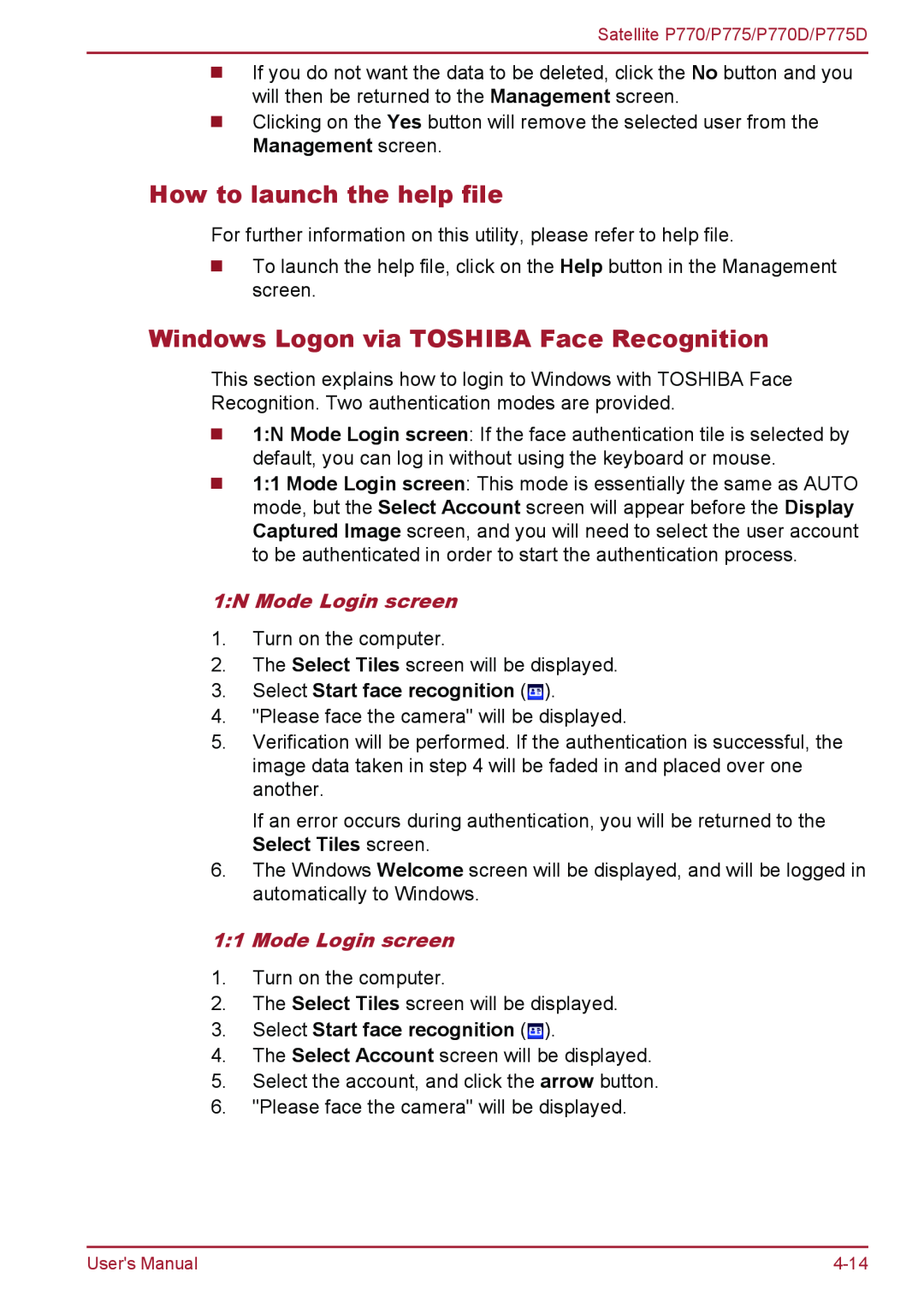 Toshiba P770 user manual How to launch the help file, Windows Logon via TOSHIBA Face Recognition, 1N Mode Login screen 