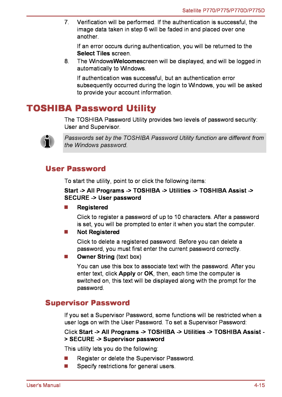 Toshiba P770 TOSHIBA Password Utility, User Password, Supervisor Password, Not Registered, Owner String text box 