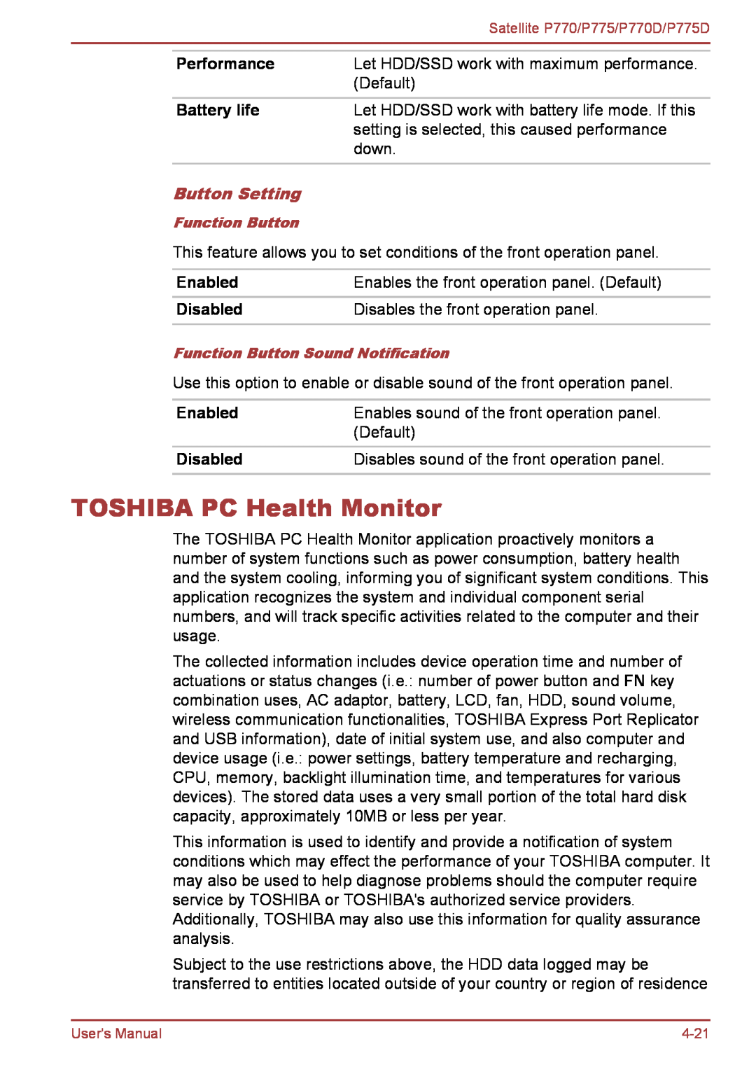 Toshiba P770 TOSHIBA PC Health Monitor, Performance, Battery life, Button Setting, Disables the front operation panel 