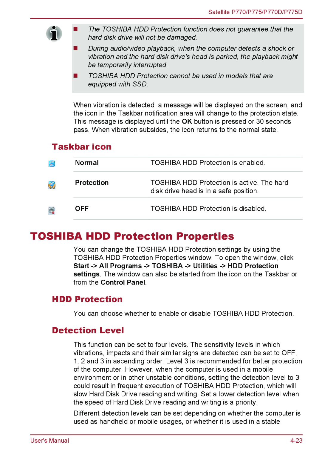 Toshiba P770 user manual TOSHIBA HDD Protection Properties, Taskbar icon, Detection Level, Normal 