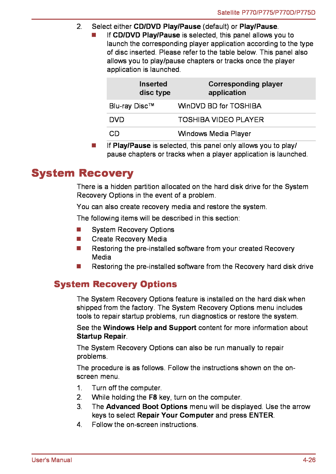 Toshiba P770 user manual System Recovery Options, Inserted, Corresponding player, disc type, application 