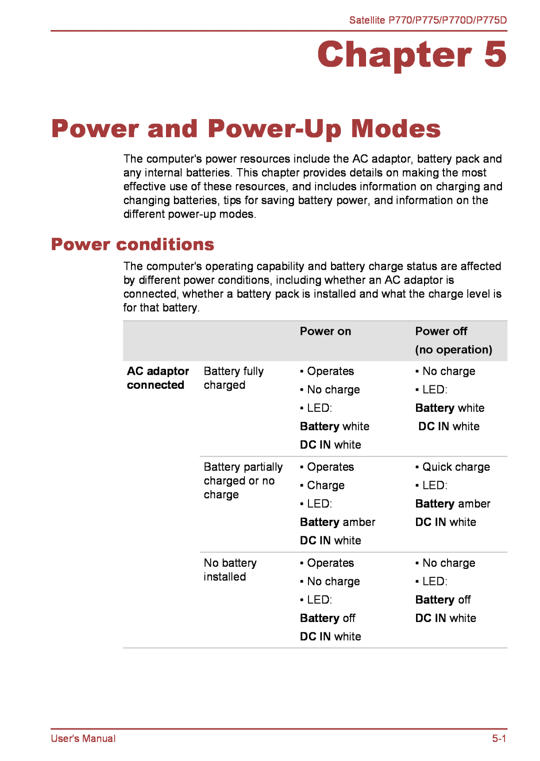 Toshiba P770 Power and Power-Up Modes, Power conditions, Power on, Power off, no operation, AC adaptor, connected, Chapter 