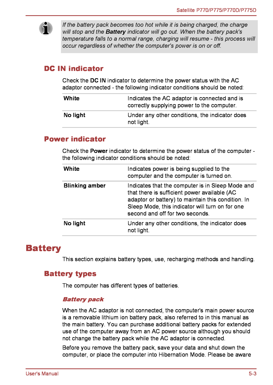 Toshiba P770 user manual DC IN indicator, Power indicator, Battery types, Blinking amber, Battery pack, White, No light 