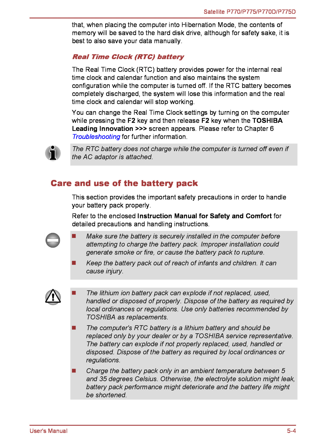 Toshiba P770 user manual Care and use of the battery pack, Real Time Clock RTC battery 