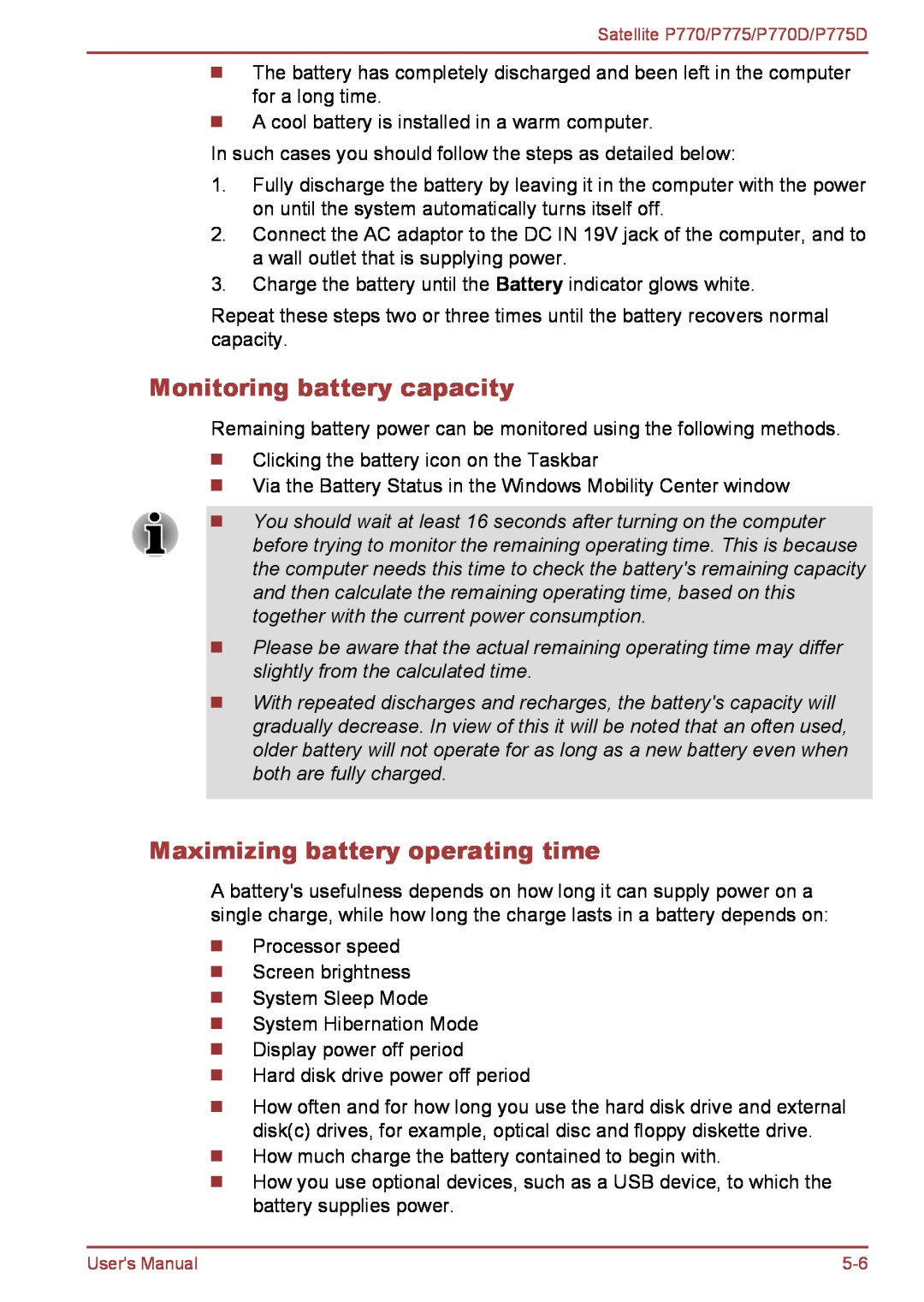 Toshiba P770 user manual Monitoring battery capacity, Maximizing battery operating time 