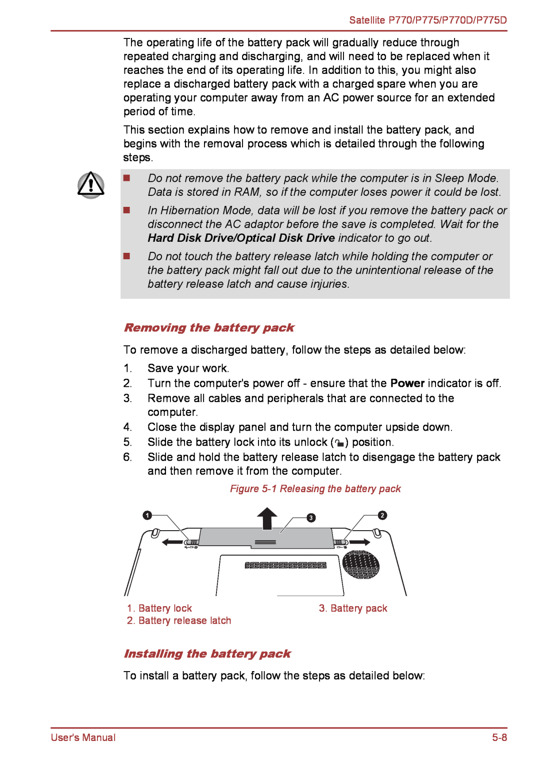 Toshiba P770 user manual Removing the battery pack, Installing the battery pack 