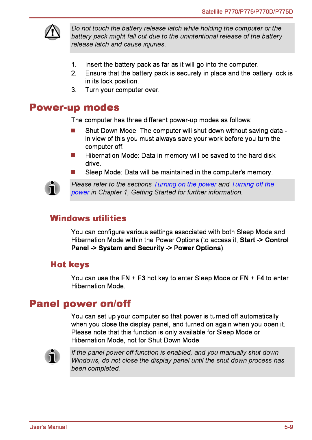 Toshiba P770 user manual Power-up modes, Panel power on/off, Windows utilities, Hot keys 