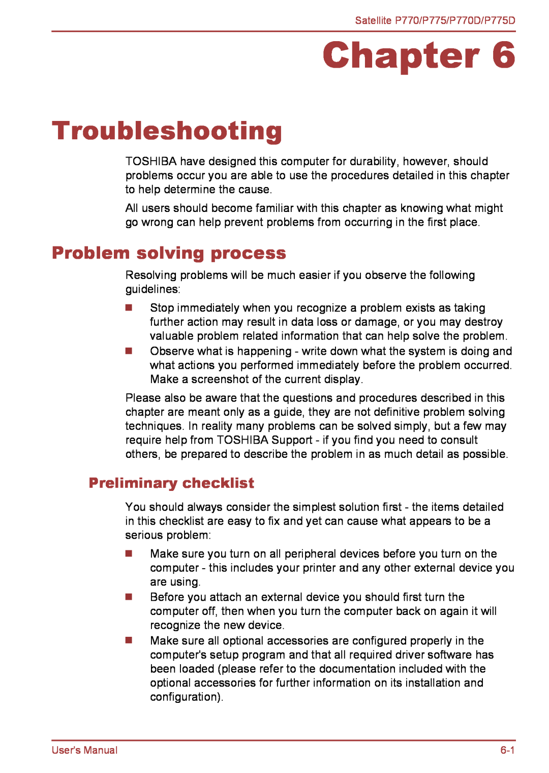 Toshiba P770 user manual Troubleshooting, Problem solving process, Preliminary checklist, Chapter 