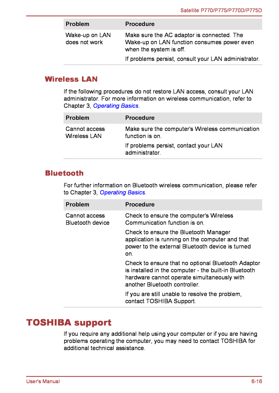 Toshiba P770 user manual TOSHIBA support, Bluetooth, Wireless LAN, Problem, Procedure 