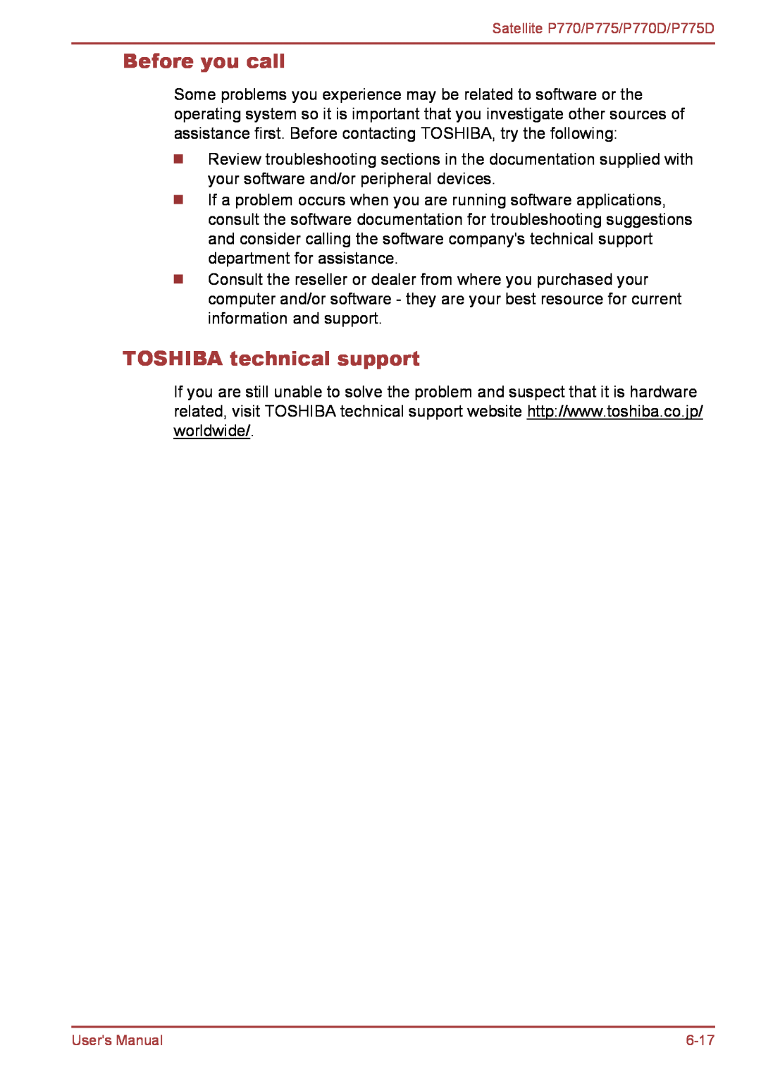 Toshiba P770 user manual Before you call, TOSHIBA technical support 