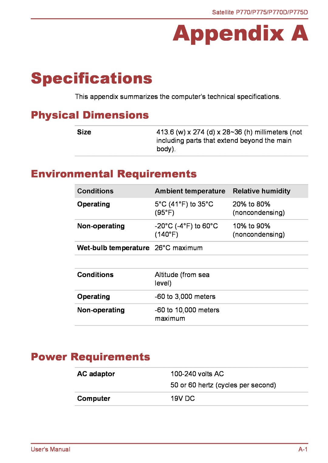 Toshiba P770 Appendix A, Specifications, Physical Dimensions, Environmental Requirements, Power Requirements, Size 