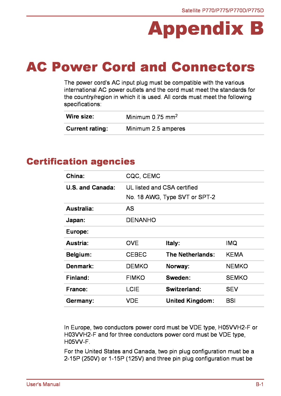 Toshiba P770 Appendix B, AC Power Cord and Connectors, Certification agencies, Wire size, Minimum 0.75 mm, Current rating 