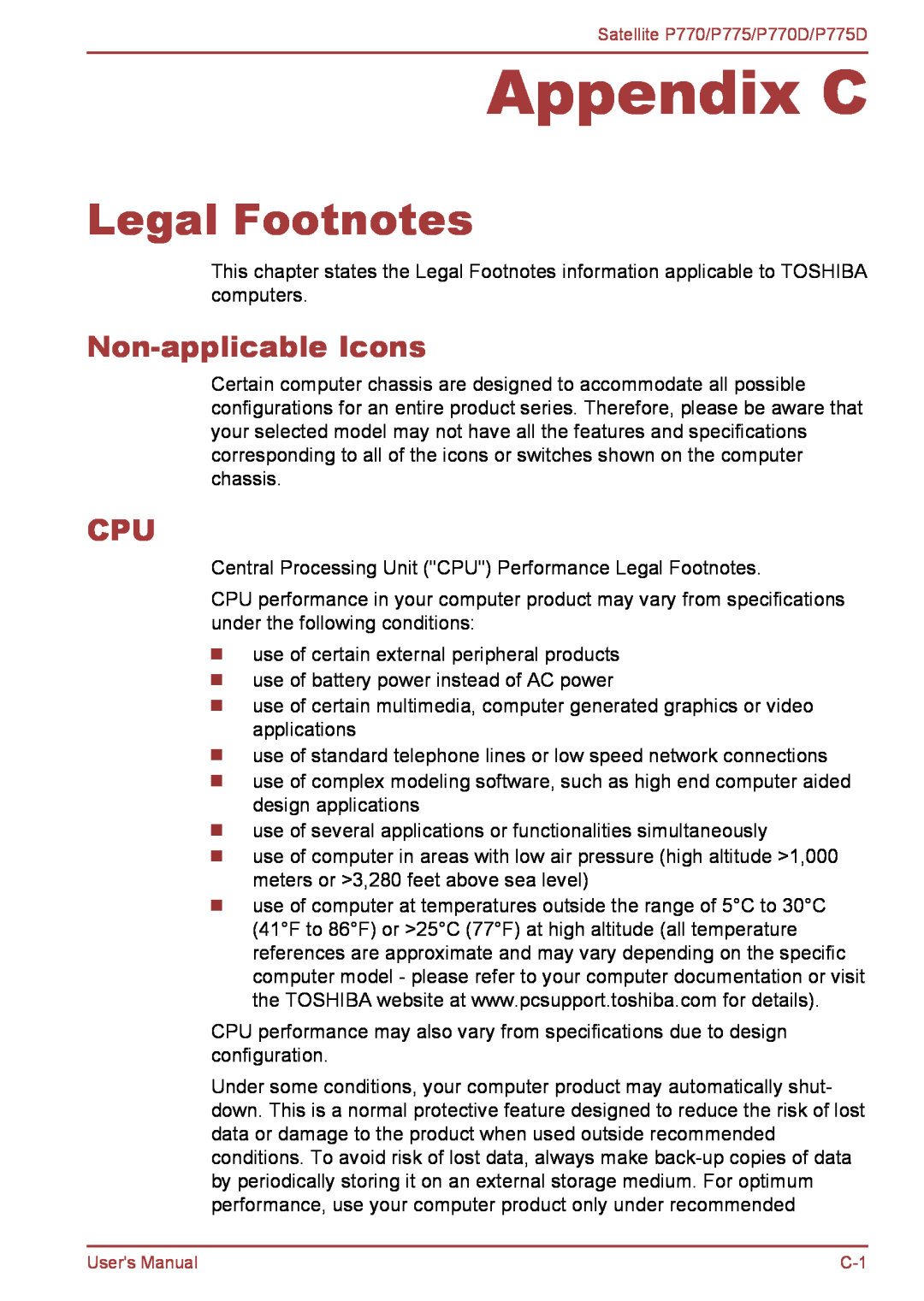 Toshiba P770 user manual Appendix C, Legal Footnotes, Non-applicable Icons 
