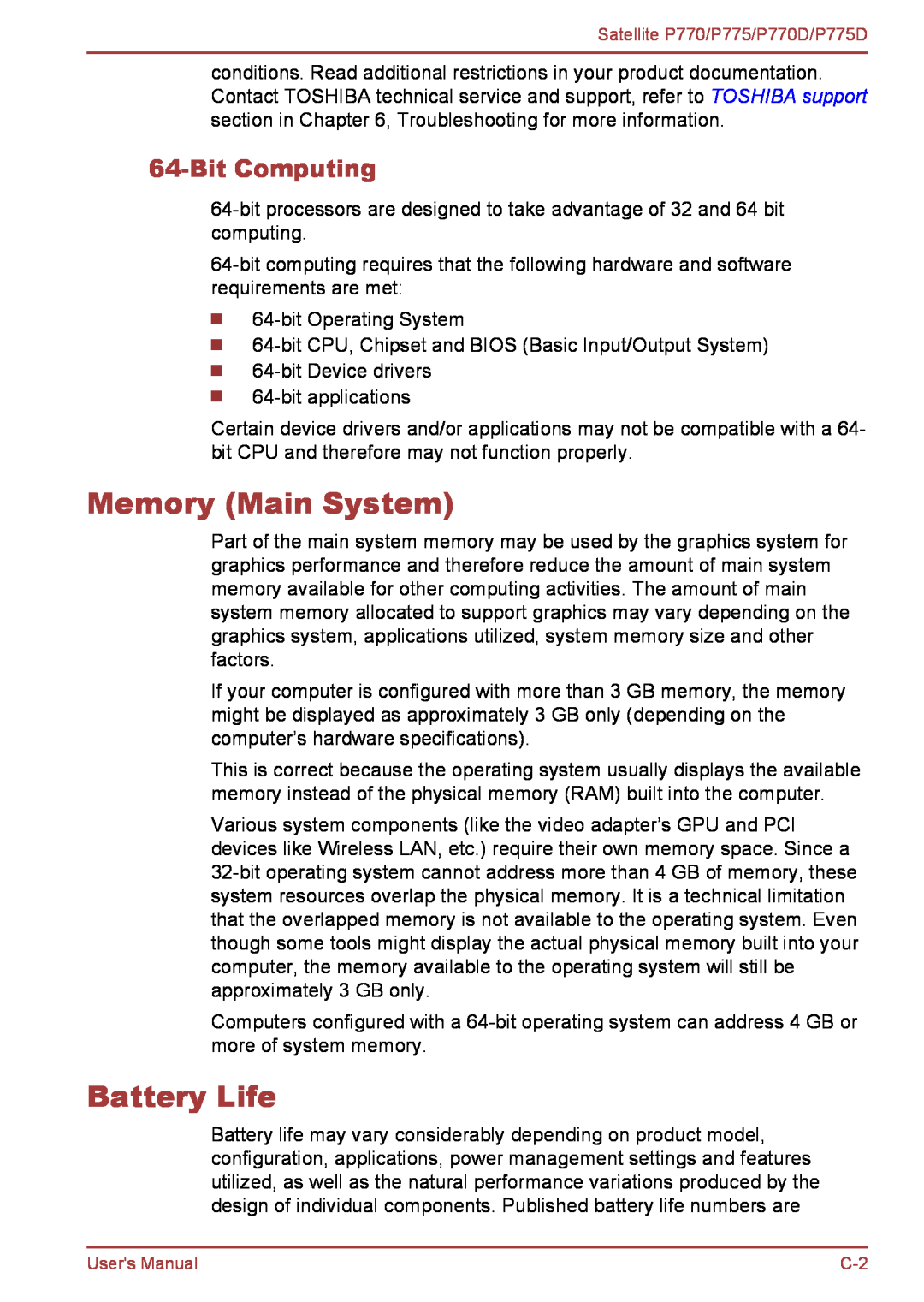 Toshiba P770 user manual Memory Main System, Battery Life, Bit Computing 