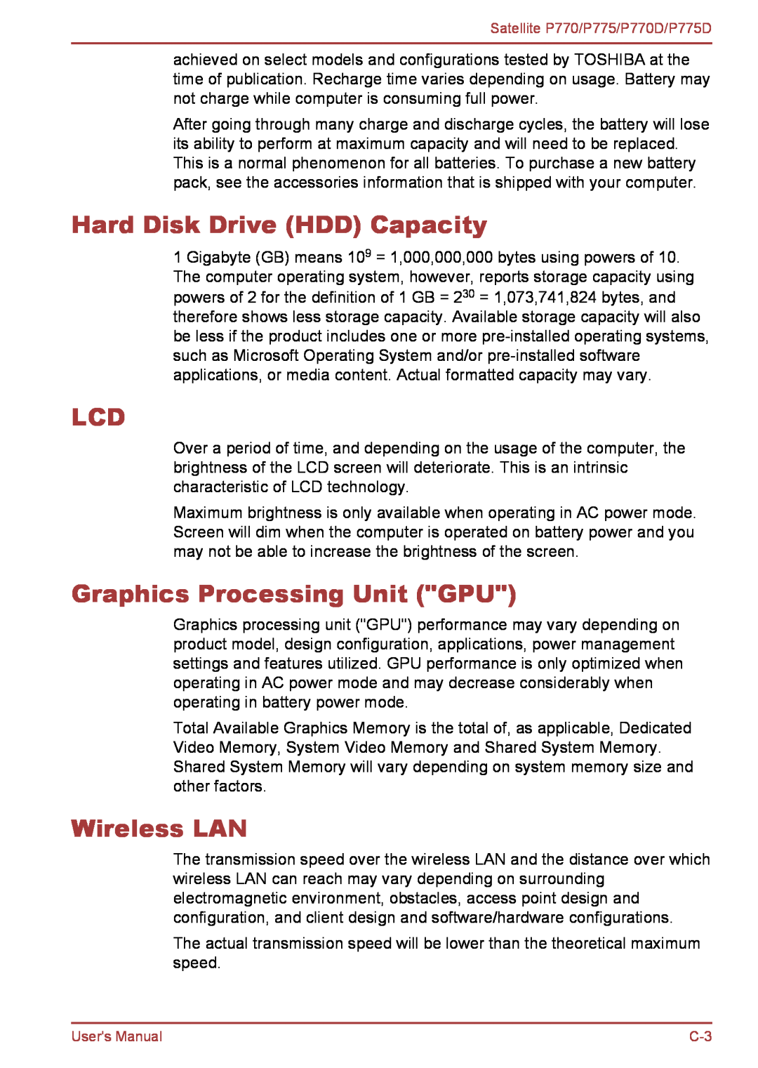 Toshiba P770 user manual Hard Disk Drive HDD Capacity, Graphics Processing Unit GPU, Wireless LAN 