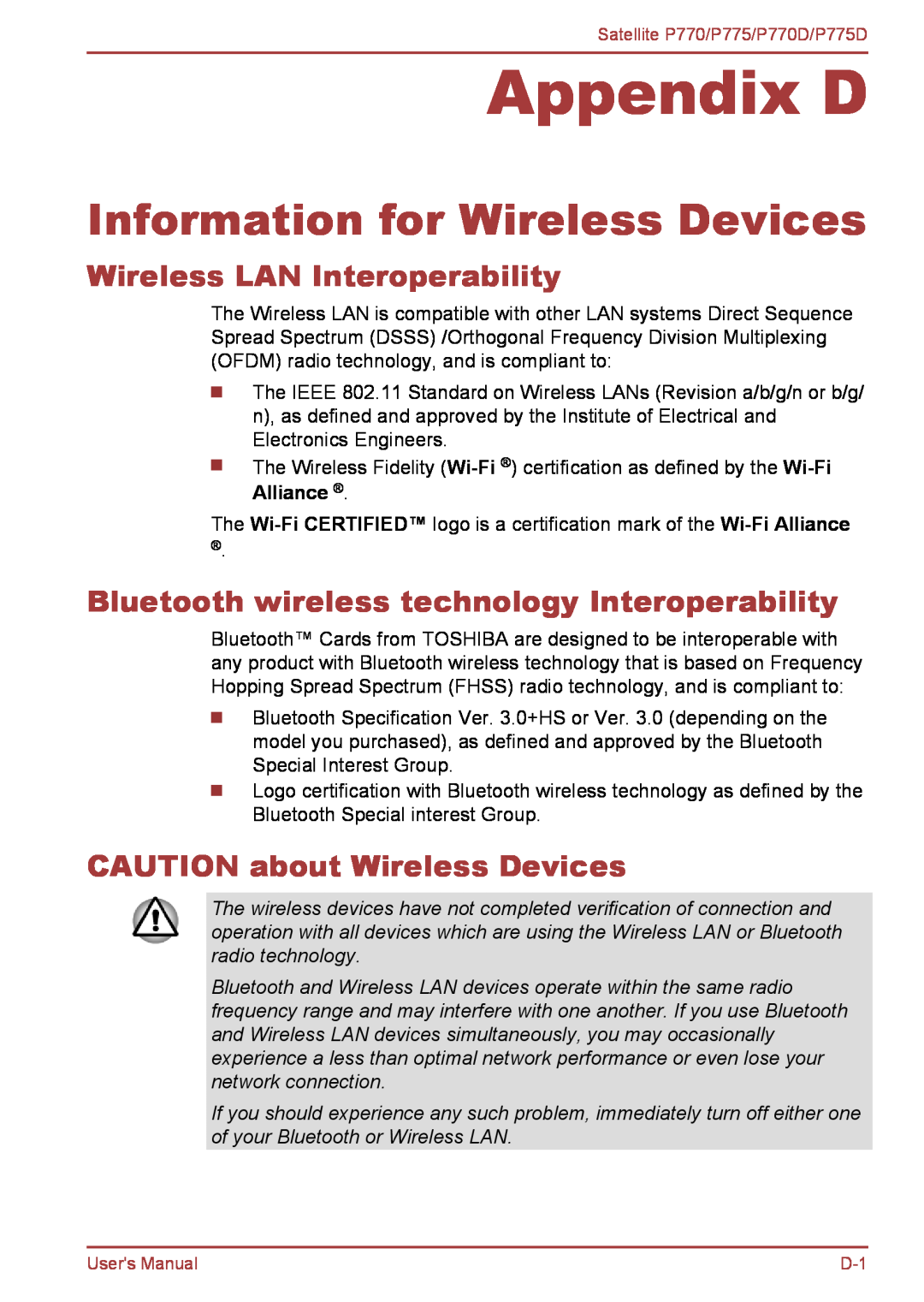 Toshiba P770 Appendix D, Information for Wireless Devices, Wireless LAN Interoperability, CAUTION about Wireless Devices 