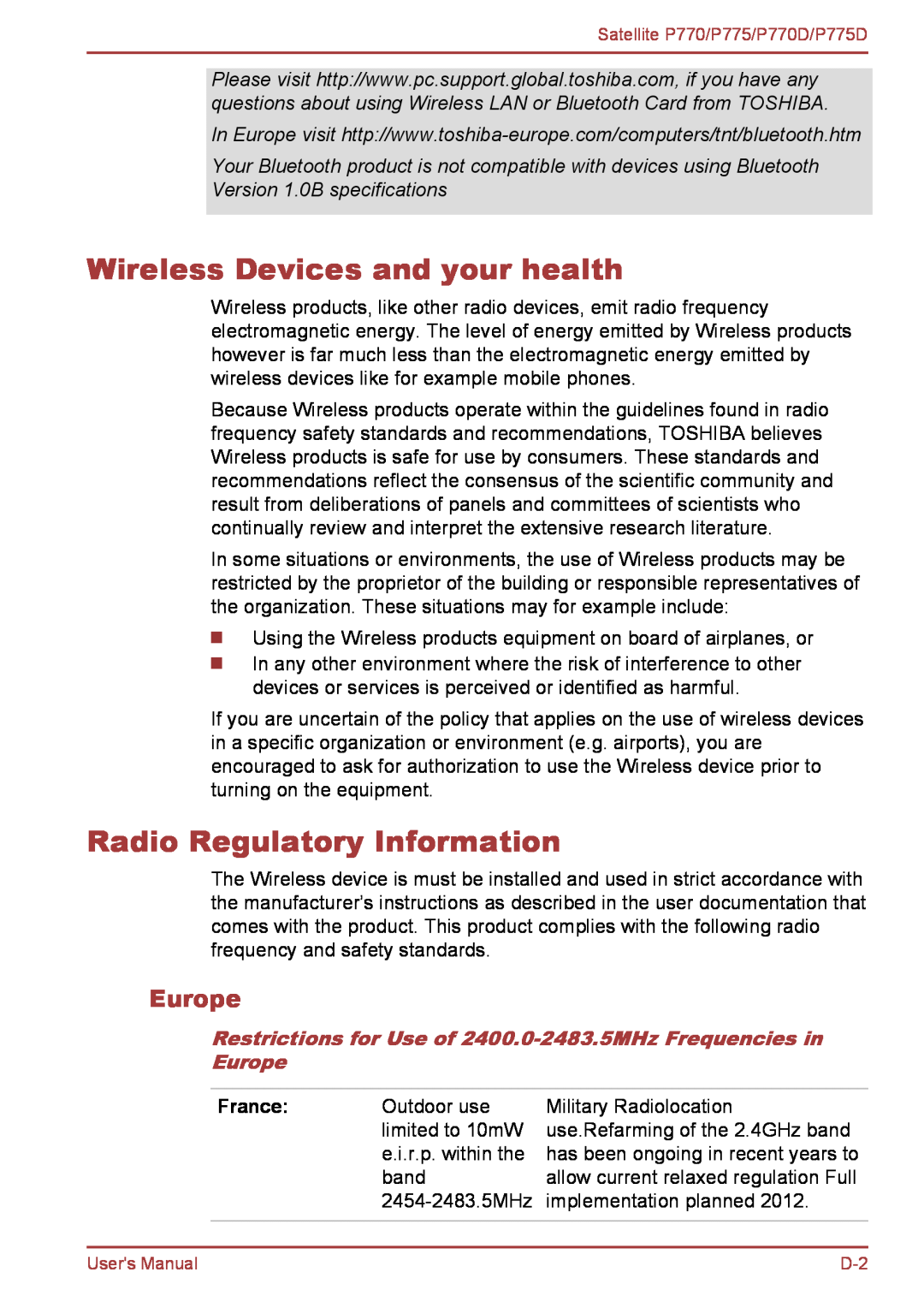 Toshiba P770 user manual Wireless Devices and your health, Radio Regulatory Information, Europe, France 