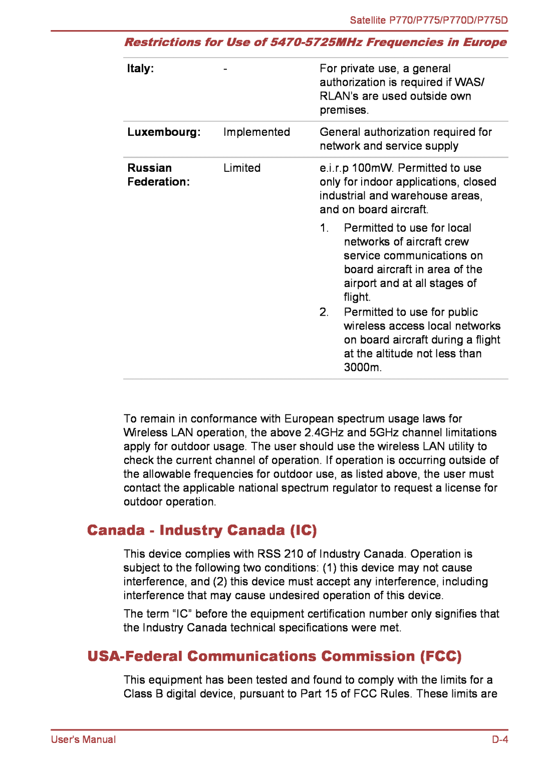 Toshiba P770 user manual Canada - Industry Canada IC, USA-Federal Communications Commission FCC, Italy, Luxembourg, Russian 