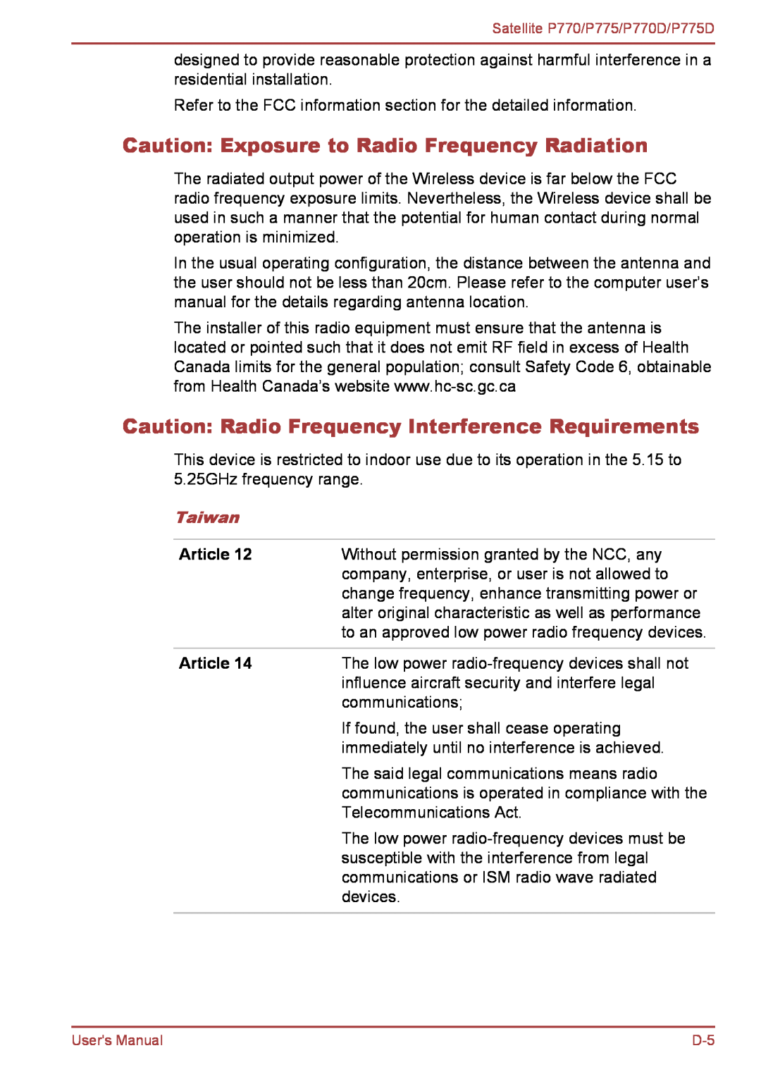 Toshiba P770 Caution Exposure to Radio Frequency Radiation, Caution Radio Frequency Interference Requirements, Taiwan 
