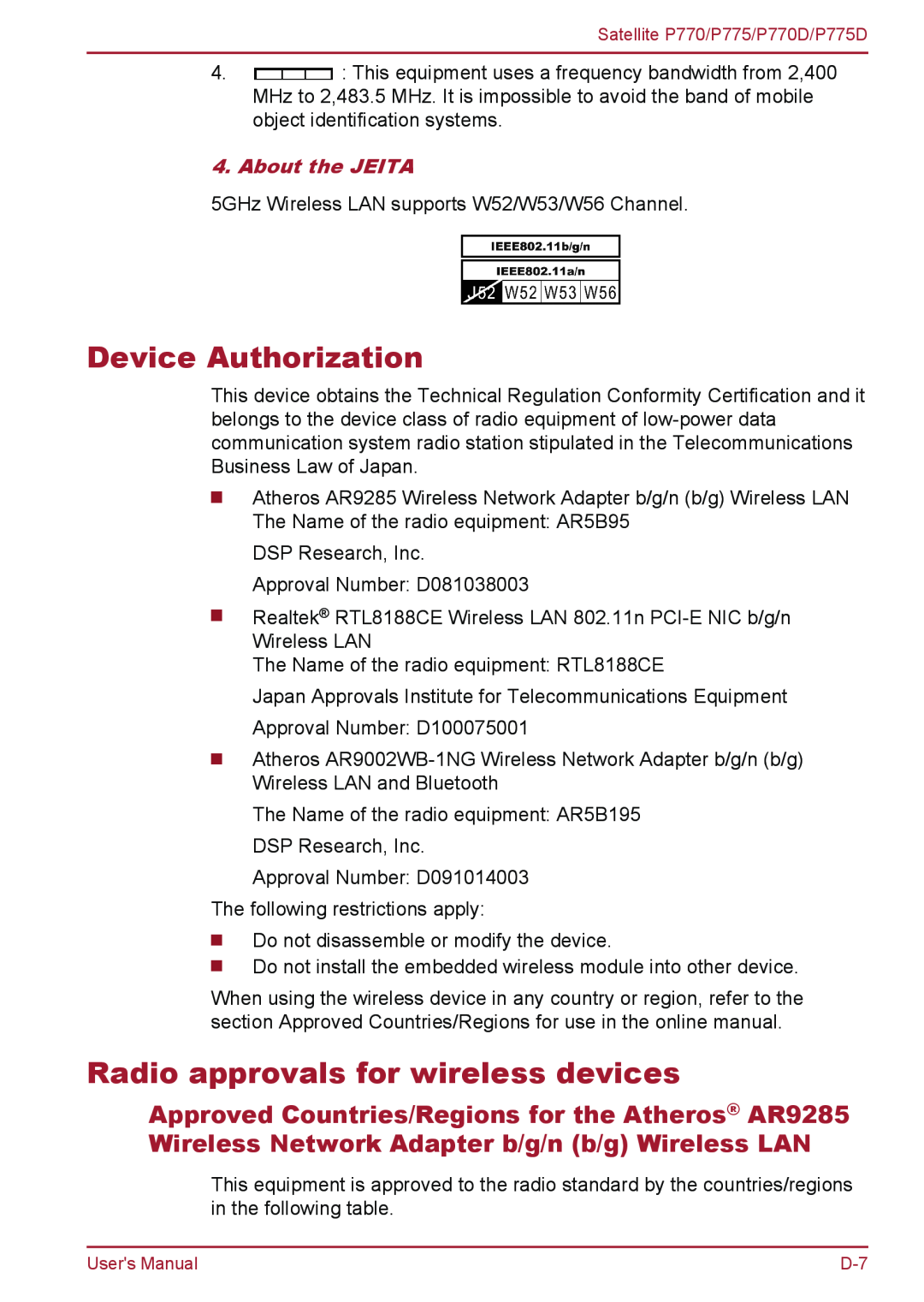 Toshiba P770 user manual Device Authorization, Radio approvals for wireless devices, About the JEITA 