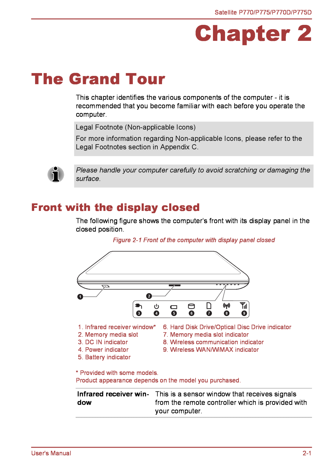Toshiba P770 user manual The Grand Tour, Front with the display closed, Chapter 