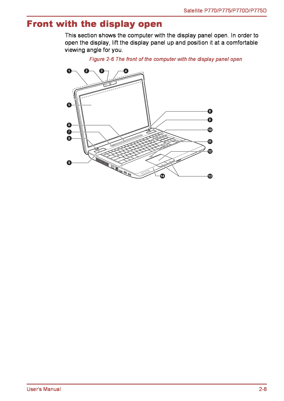 Toshiba user manual Front with the display open, Satellite P770/P775/P770D/P775D, Users Manual 
