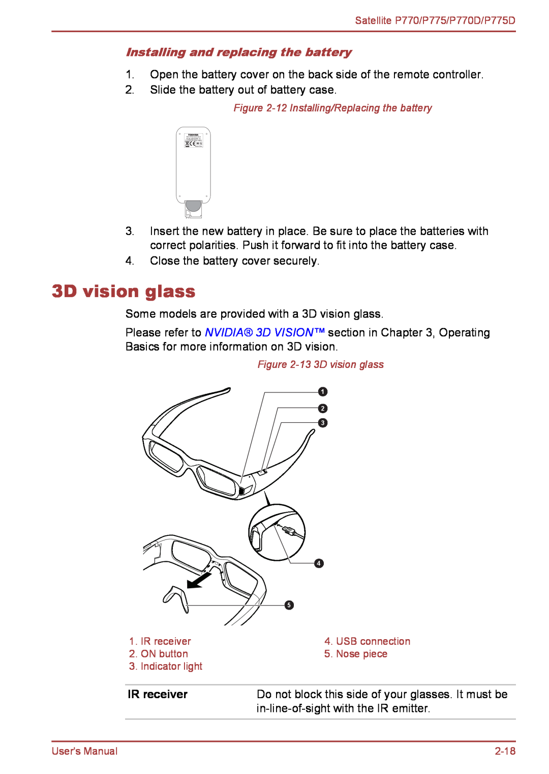 Toshiba P770 3D vision glass, Installing and replacing the battery, IR receiver, in-line-of-sight with the IR emitter 