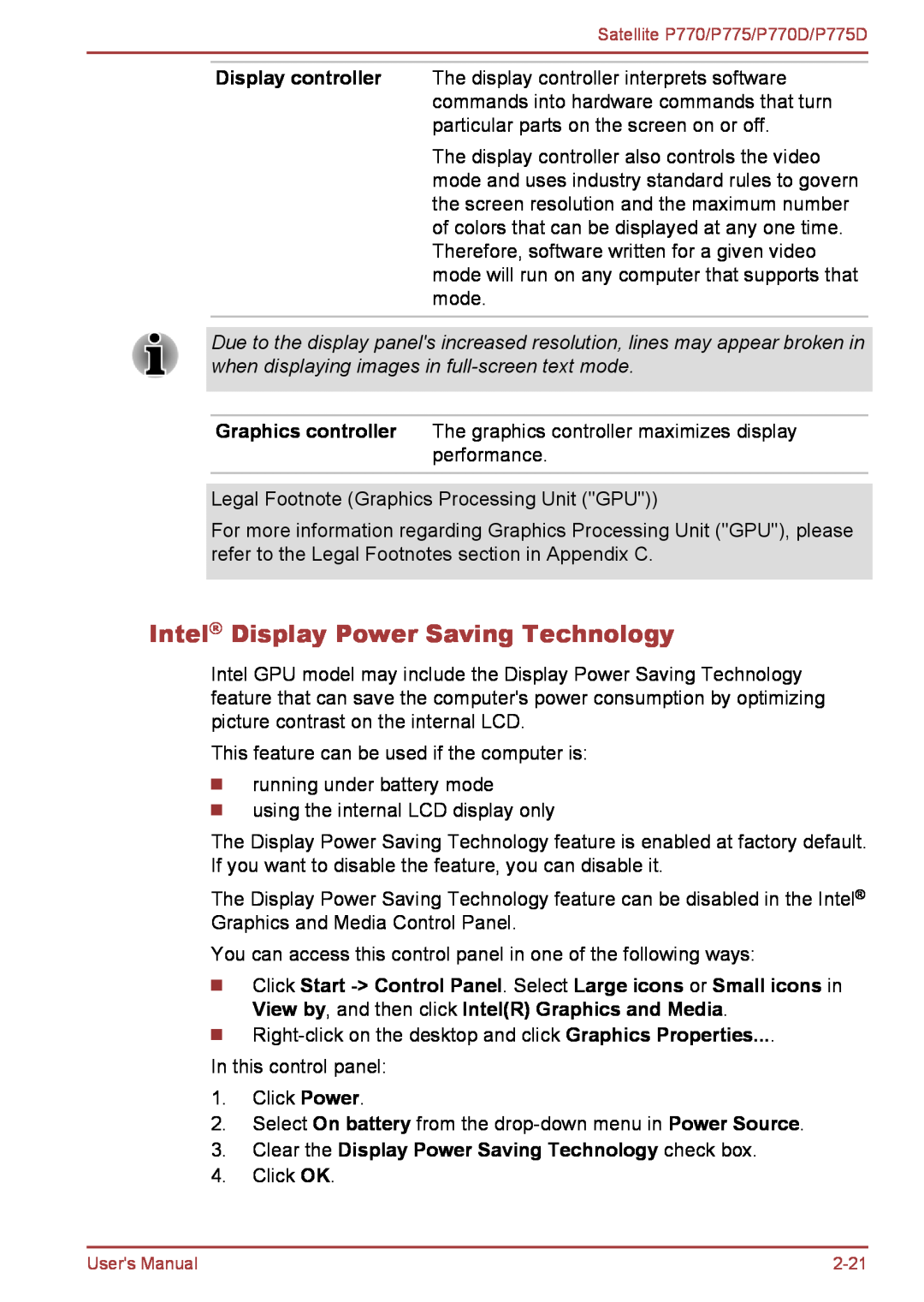Toshiba P770 user manual Intel Display Power Saving Technology, Clear the Display Power Saving Technology check box 