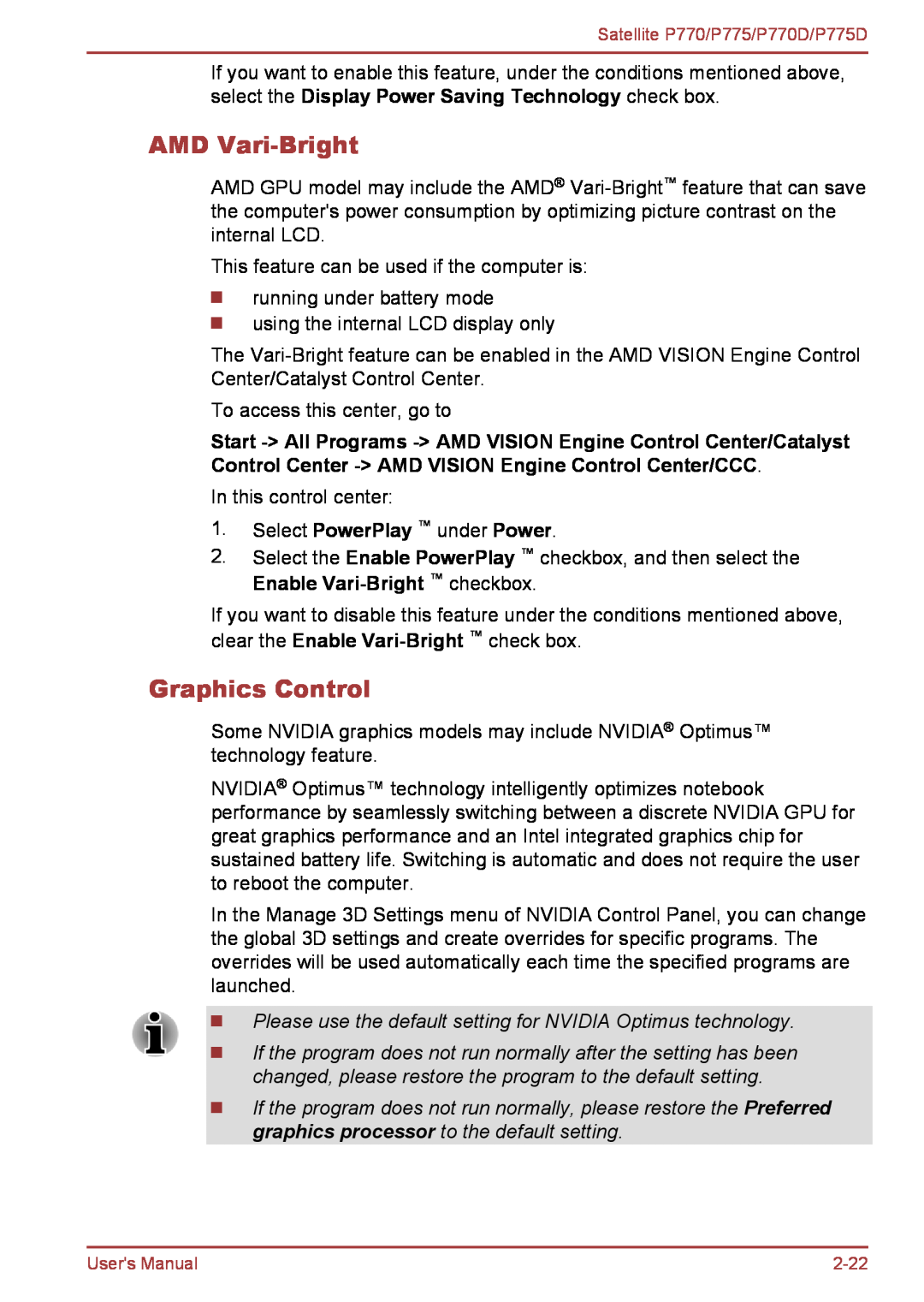 Toshiba P770 user manual AMD Vari-Bright, Graphics Control, Select PowerPlay under Power 