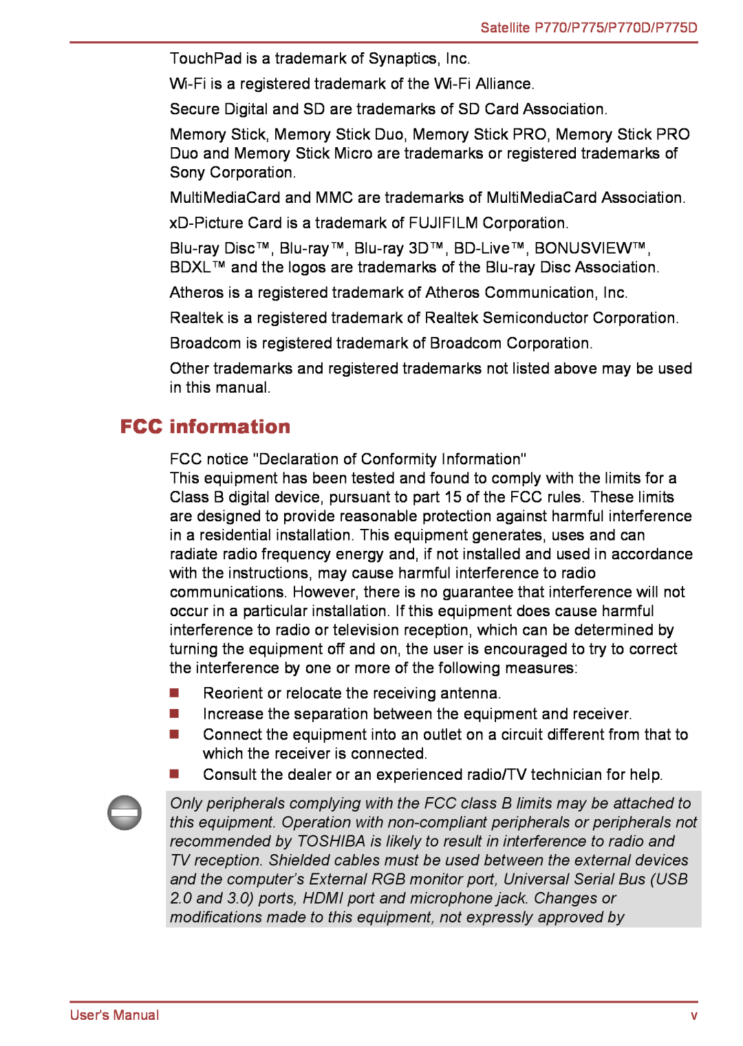 Toshiba P770 user manual FCC information 