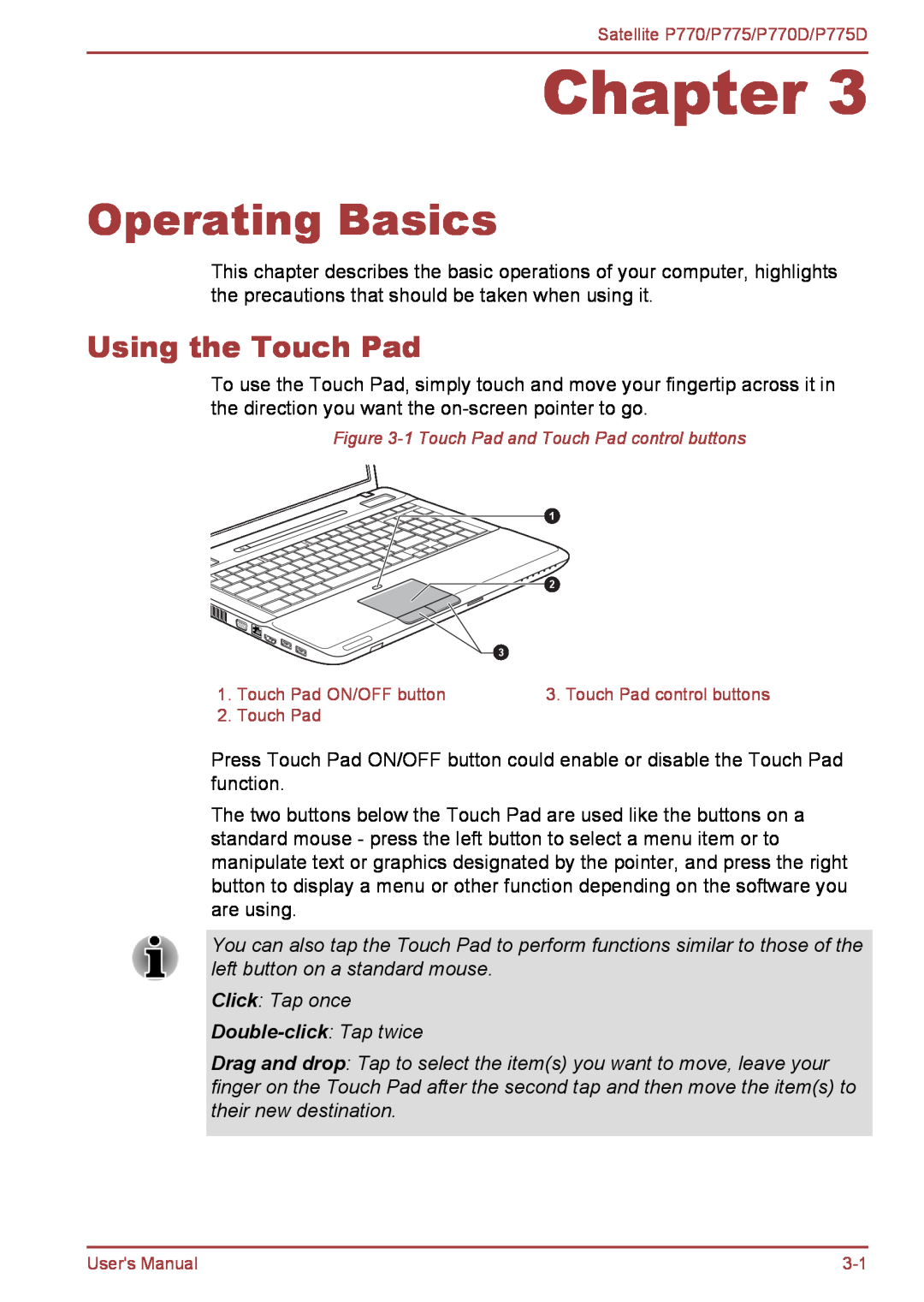 Toshiba P770 user manual Operating Basics, Using the Touch Pad, Double-click Tap twice, Chapter 