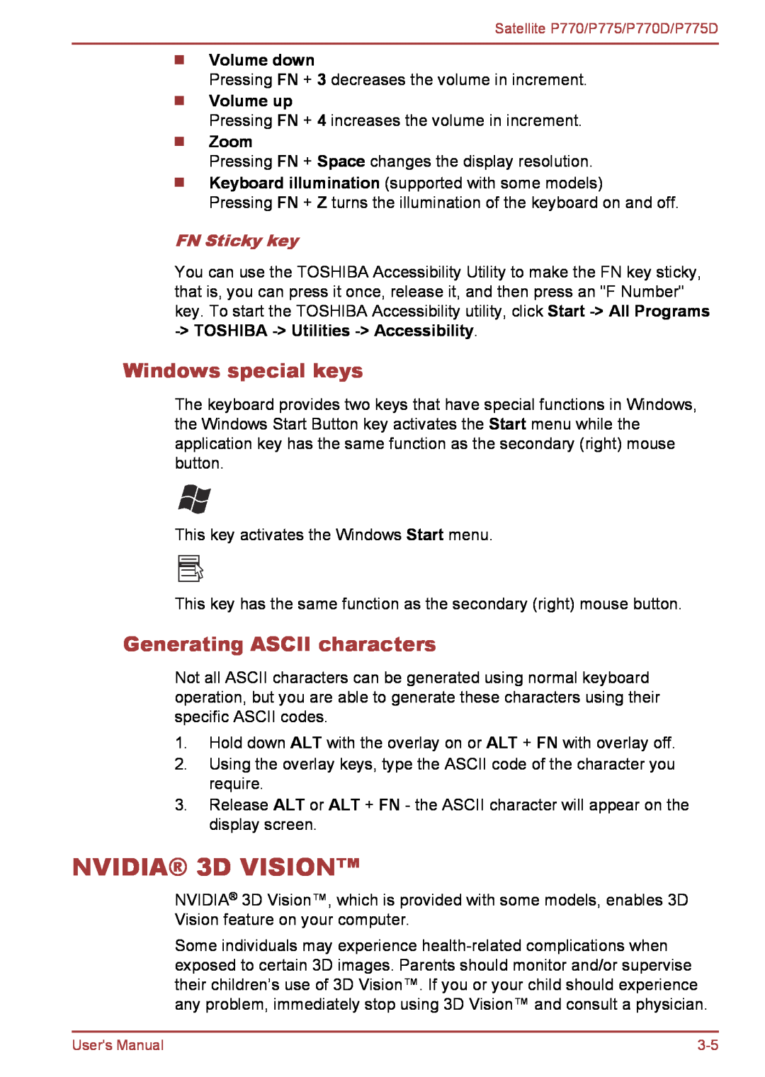 Toshiba P770 user manual NVIDIA 3D VISION, Windows special keys, Generating ASCII characters, Volume down, Volume up, Zoom 