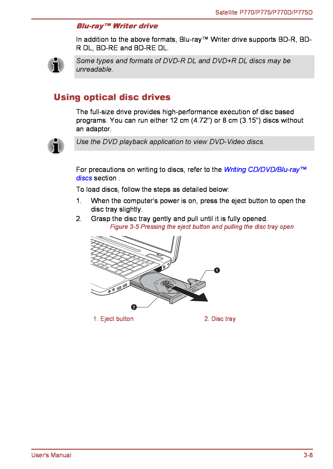 Toshiba P770 user manual Using optical disc drives, Blu-ray Writer drive 