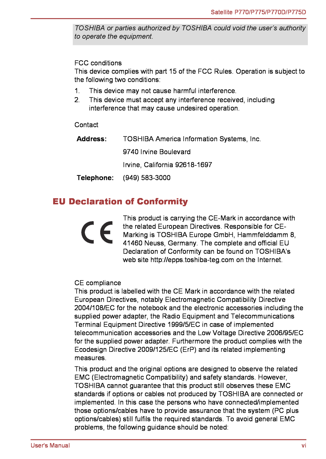 Toshiba P770 user manual EU Declaration of Conformity 